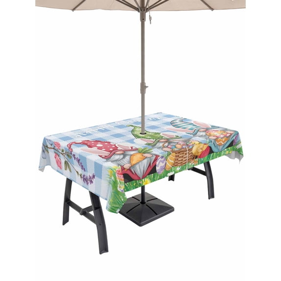Outdoor Tablecloth with Umbrella Hole and Zipper, Easter Bunny Gnomes Rectangle Table Cloth 52x70 Inch Waterproof Tablecloth, Spring Easter Eggs Floral Blue Plaid Picnic Table Cover for Patio Camping