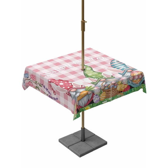 Outdoor Tablecloth with Umbrella Hole and Zipper, Easter Bunny Gnomes Square Table Cloth 60x60 Inch Waterproof Tablecloth, Spring Easter Eggs Floral Pink Plaid Picnic Table Cover for Patio Camping