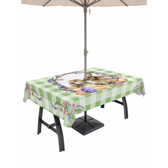 Outdoor Tablecloth with Umbrella Hole and Zipper, Easter Bunny Rectangle Table Cloth 52x70 Inch Waterproof Tablecloth, Spring Easter Eggs Chick Floral Sage Green Check Picnic Table Cover for Patio