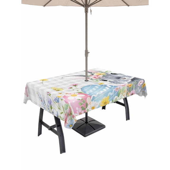 Outdoor Tablecloth with Umbrella Hole and Zipper, Easter Bunny Rectangle Table Cloth 54x80 Inch Waterproof Tablecloth, Blue Easter Eggs Spring Floral Grey Plaid Picnic Table Cover for Patio Camping