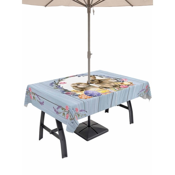 Outdoor Tablecloth with Umbrella Hole and Zipper, Easter Bunny Rectangle Table Cloth 54x80 Inch Waterproof Tablecloth, Spring Easter Eggs Chick Floral Blue Wood Picnic Table Cover for Patio Camping