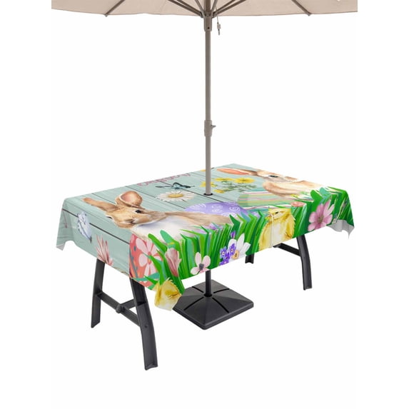 Outdoor Tablecloth with Umbrella Hole and Zipper, Easter Bunny Rectangle Table Cloth 54x80 Inch Waterproof Tablecloth, Spring Easter Eggs Floral Teal Wood Picnic Table Cover for Patio Camping