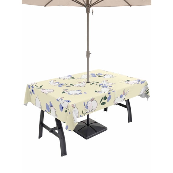 Outdoor Tablecloth with Umbrella Hole and Zipper, Easter Bunny Rectangle Table Cloth 54x80 Inch Waterproof Tablecloth, Spring Purple Flower Rustic Rabbit Yellow Picnic Table Cover for Patio Camping