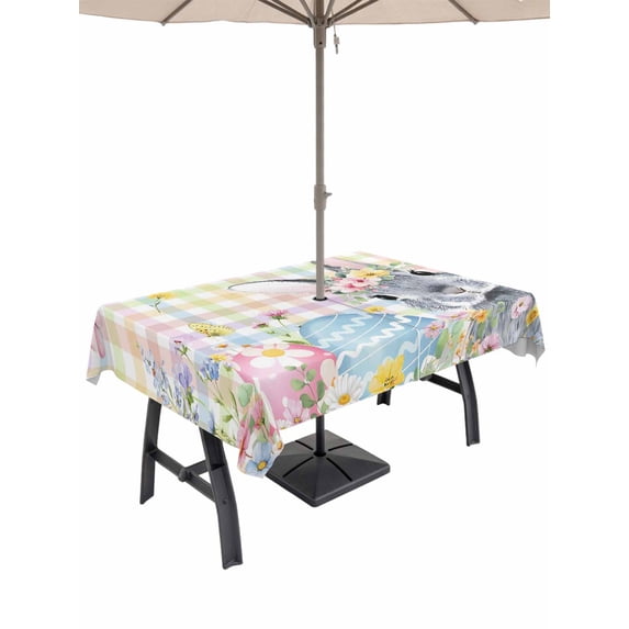 Outdoor Tablecloth with Umbrella Hole and Zipper, Easter Bunny Rectangle Table Cloth 60x102 Inch Waterproof Tablecloth, Blue Easter Eggs Spring Floral Colorful Plaid Picnic Table Cover for Patio