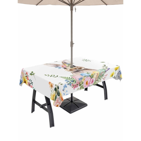 Outdoor Tablecloth with Umbrella Hole and Zipper, Easter Bunny Rectangle Table Cloth 60x102 Inch Waterproof Tablecloth, Spring Watercolor Country Flower Leaf Plant Picnic Table Cover for Patio