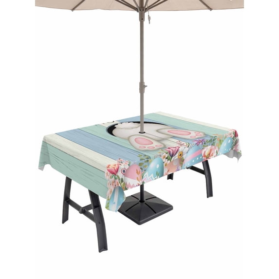 Outdoor Tablecloth with Umbrella Hole and Zipper, Easter Bunny Rectangle Table Cloth 60x120 Inch Waterproof Tablecloth, Cute Rabbit Eggs Flowers Farmhouse Wood Picnic Table Cover for Patio Camping