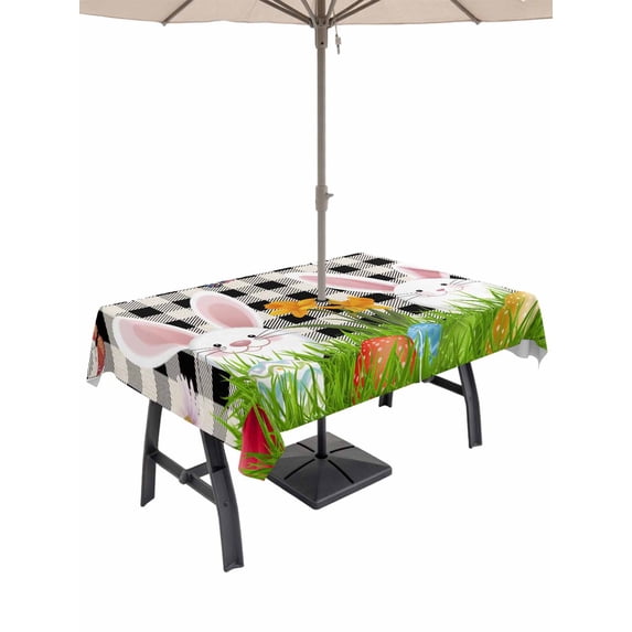 Outdoor Tablecloth with Umbrella Hole and Zipper, Easter Bunny Rectangle Table Cloth 60x120 Inch Waterproof Tablecloth, Spring Easter Eggs Floral White Black Plaid Picnic Table Cover for Patio