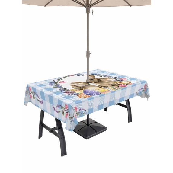 Outdoor Tablecloth with Umbrella Hole and Zipper, Easter Bunny Rectangle Table Cloth 60x84 Inch Waterproof Tablecloth, Spring Easter Eggs Chick Floral Blue Check Picnic Table Cover for Patio Camping