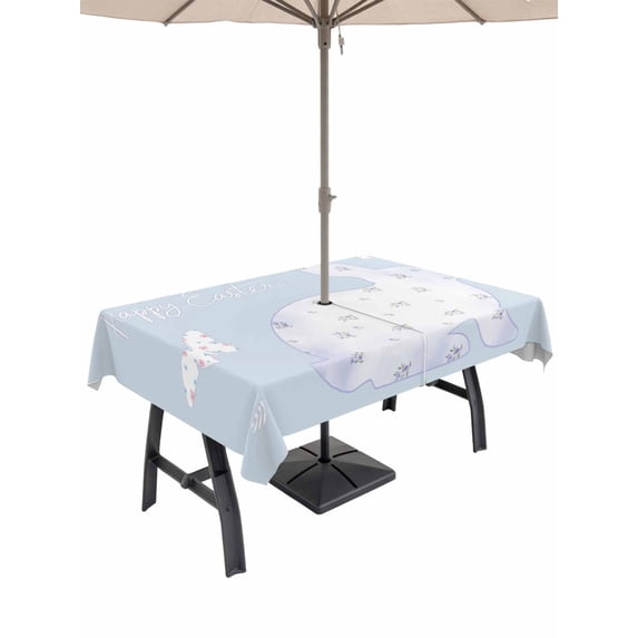 Outdoor Tablecloth with Umbrella Hole and Zipper, Easter Bunny Rectangle Table Cloth 60x84 Inch Waterproof Tablecloth, Watercolor Butterfly Cute Rabbit Flowers Blue Picnic Table Cover for Patio
