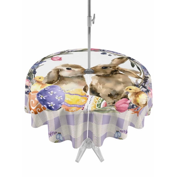 Outdoor Tablecloth with Umbrella Hole and Zipper, Easter Bunny Round Table Cloth 54 Inch Waterproof Tablecloth, Spring Easter Eggs Chick Floral Purple Check Picnic Table Cover for Patio Camping