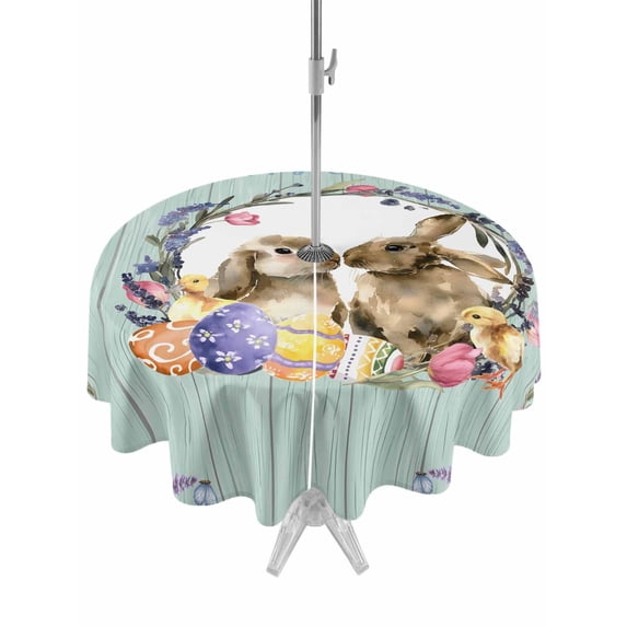 Outdoor Tablecloth with Umbrella Hole and Zipper, Easter Bunny Round Table Cloth 54 Inch Waterproof Tablecloth, Spring Easter Eggs Chick Floral Teal Wood Picnic Table Cover for Patio Camping