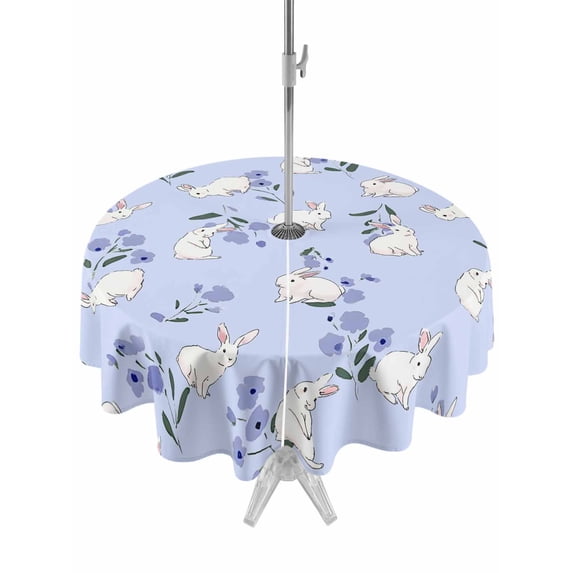 Outdoor Tablecloth with Umbrella Hole and Zipper, Easter Bunny Round Table Cloth 54 Inch Waterproof Tablecloth, Spring Purple Flower Rustic Rabbit Blue Picnic Table Cover for Patio Camping