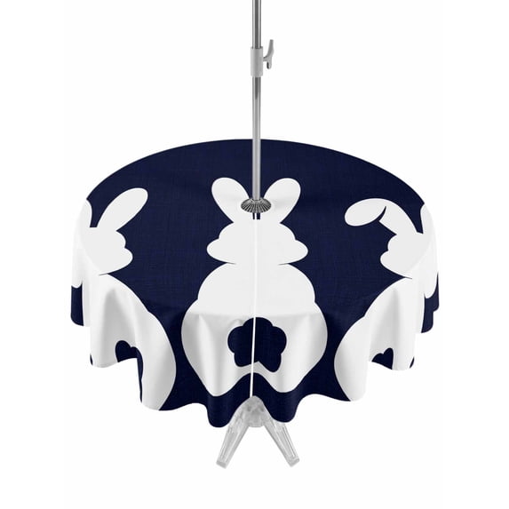 Outdoor Tablecloth with Umbrella Hole and Zipper, Easter Bunny Round Table Cloth 60 Inch Waterproof Tablecloth, Cute Rabbit Family Vintage Navy Blue Abstract Picnic Table Cover for Patio Camping