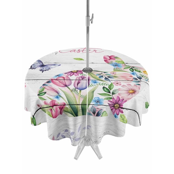 Outdoor Tablecloth with Umbrella Hole and Zipper, Easter Bunny Round Table Cloth 60 Inch Waterproof Tablecloth, Spring Flower Daisy Tulips Farmhouse Wood Plank Picnic Table Cover for Patio Camping