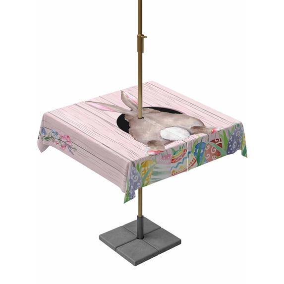 Outdoor Tablecloth with Umbrella Hole and Zipper, Easter Bunny Square Table Cloth 54x54 Inch Waterproof Tablecloth, Eggs Cute Rabbit Pink Wooden Grain Farm Picnic Table Cover for Patio Camping