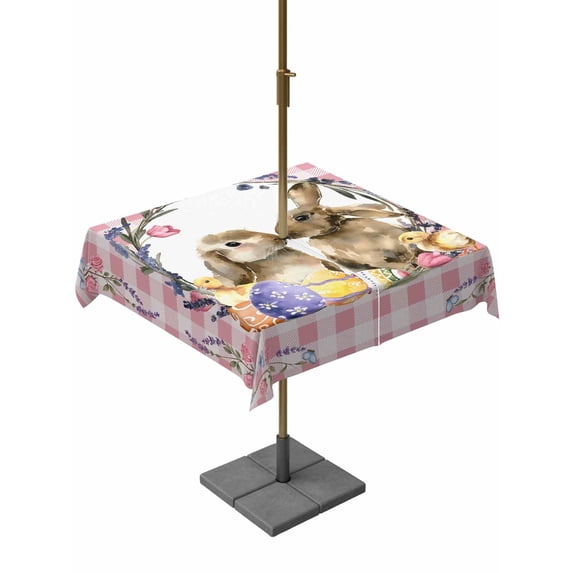 Outdoor Tablecloth with Umbrella Hole and Zipper, Easter Bunny Square Table Cloth 54x54 Inch Waterproof Tablecloth, Spring Easter Eggs Chick Floral Pink Check Picnic Table Cover for Patio Camping
