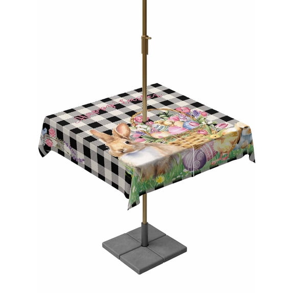 Outdoor Tablecloth with Umbrella Hole and Zipper, Easter Bunny Square Table Cloth 54x54 Inch Waterproof Tablecloth, Spring Easter Eggs Floral Black White Check Picnic Table Cover for Patio Camping