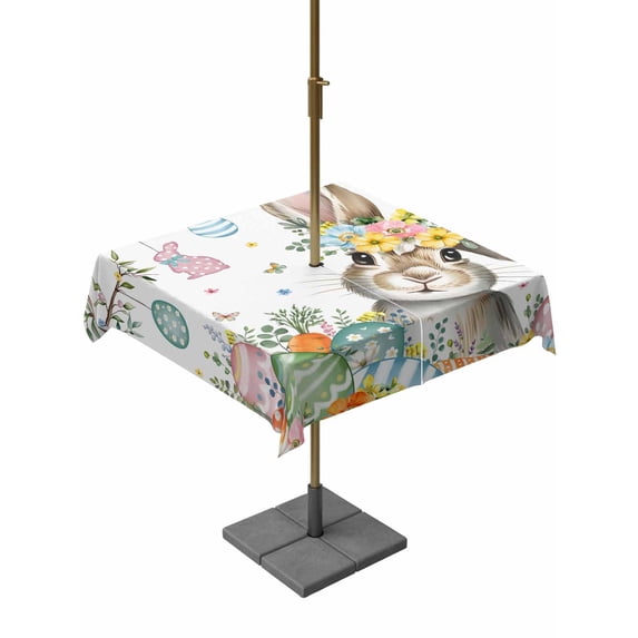 Outdoor Tablecloth with Umbrella Hole and Zipper, Easter Bunny Square Table Cloth 54x54 Inch Waterproof Tablecloth, Spring Easter Eggs Floral Leaves Watercolor Picnic Table Cover for Patio Camping