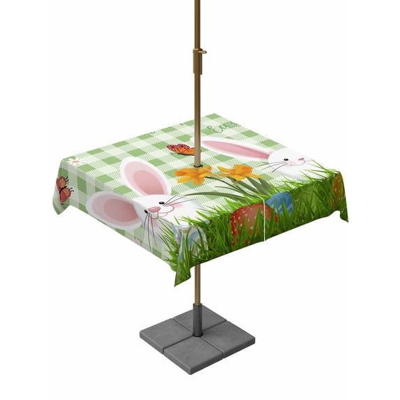 Outdoor Tablecloth with Umbrella Hole and Zipper, Easter Bunny Square Table Cloth 60x60 Inch Waterproof Tablecloth, Spring Easter Eggs Floral Sage Green Plaid Picnic Table Cover for Patio Camping