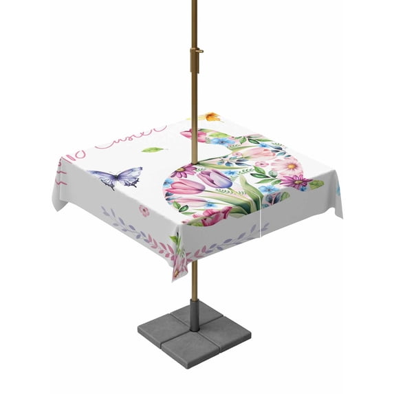 Outdoor Tablecloth with Umbrella Hole and Zipper, Easter Bunny Square Table Cloth 60x60 Inch Waterproof Tablecloth, Spring Flower Daisy Tulips Pastoral Butterfly Picnic Table Cover for Patio Camping
