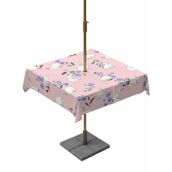 Outdoor Tablecloth with Umbrella Hole and Zipper, Easter Bunny Square Table Cloth 60x60 Inch Waterproof Tablecloth, Spring Purple Flower Rustic Rabbit Pink Picnic Table Cover for Patio Camping
