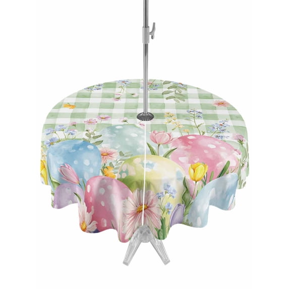 Outdoor Tablecloth with Umbrella Hole and Zipper, Easter Eggs Round Table Cloth 54 Inch Waterproof Tablecloth, Spring Daisy Eucalyptus Leaves Sage Green Plaid Picnic Table Cover for Patio Camping