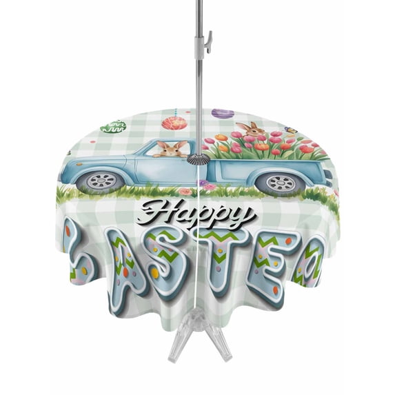 Outdoor Tablecloth with Umbrella Hole and Zipper, Easter Eggs Round Table Cloth 54 Inch Waterproof Tablecloth, Tulip Green Plaid Spring Bunny Butterfly Flower Picnic Table Cover for Patio Camping