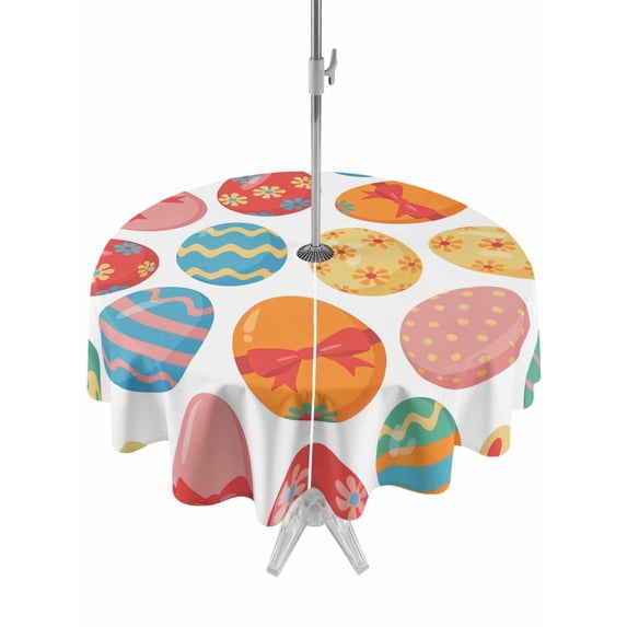 Outdoor Tablecloth with Umbrella Hole and Zipper, Easter Eggs Round Table Cloth 60 Inch Waterproof Tablecloth, Spring Colorful Striped Dots Bow Egg Watercolor Picnic Table Cover for Patio Camping