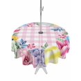 thumbnail image 1 of Outdoor Tablecloth with Umbrella Hole and Zipper, Easter Flowers Round Table Cloth 60 Inch Waterproof Tablecloth, Eggs Spring Floral Rustic Pink Checkered Picnic Table Cover for Patio Camping, 1 of 7