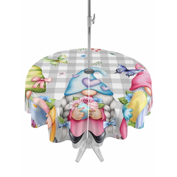 Outdoor Tablecloth with Umbrella Hole and Zipper, Easter Gnomes Round Table Cloth 54 Inch Waterproof Tablecloth, Spring Floral Eggs Flowers Butterflies Gray Plaid Picnic Table Cover for Patio Camping