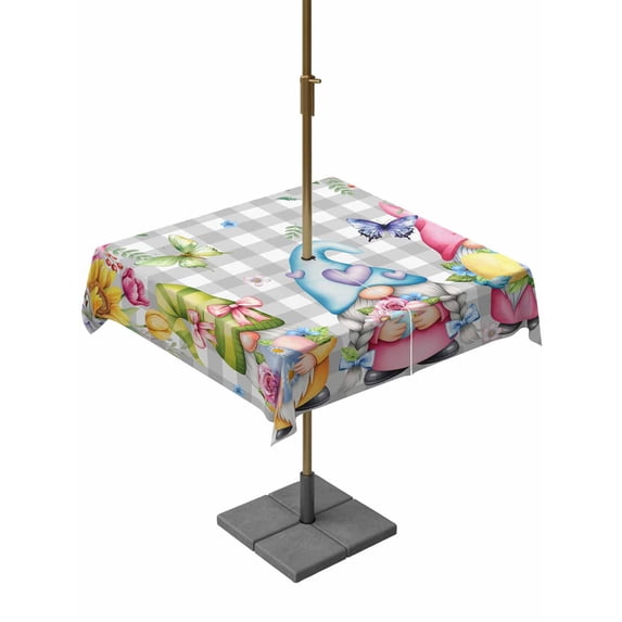 Outdoor Tablecloth with Umbrella Hole and Zipper, Easter Gnomes Square Table Cloth 54x54 Inch Waterproof Tablecloth, Spring Floral Eggs Flowers Butterflies Gray Plaid Picnic Table Cover for Patio