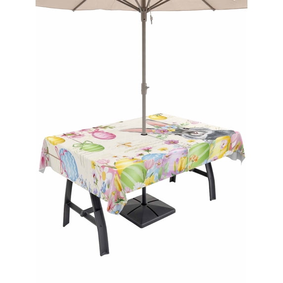 Outdoor Tablecloth with Umbrella Hole and Zipper, Easter Grey Bunny Rectangle Table Cloth 54x80 Inch Waterproof Tablecloth, Spring Vintage Colorful Eggs Flower Picnic Table Cover for Patio Camping