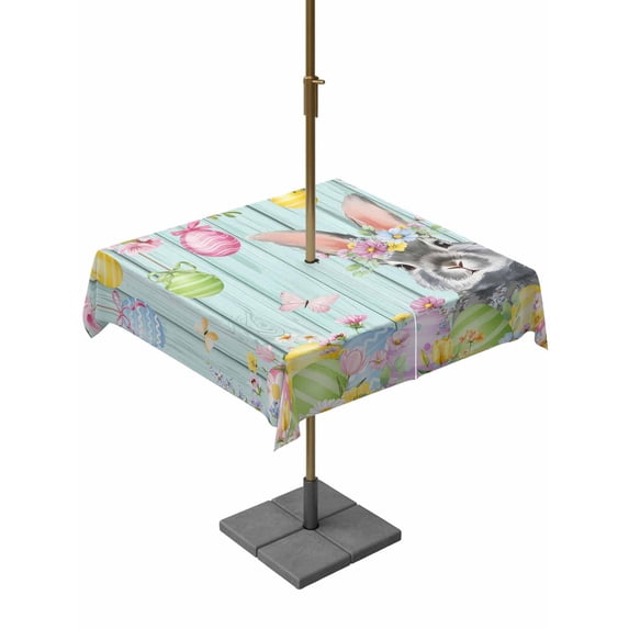 Outdoor Tablecloth with Umbrella Hole and Zipper, Easter Grey Bunny Square Table Cloth 54x54 Inch Waterproof Tablecloth, Spring Colorful Egg Flower Teal Wood Grain Picnic Table Cover for Patio