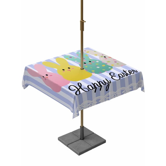 Outdoor Tablecloth with Umbrella Hole and Zipper, Easter Purple Striped Square Table Cloth 60x60 Inch Waterproof Tablecloth, Spring Colorful Bunny Polka Dot Picnic Table Cover for Patio Camping