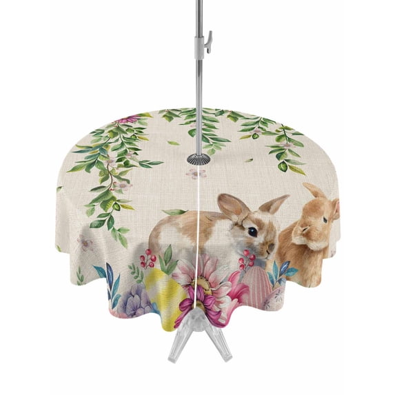 Outdoor Tablecloth with Umbrella Hole and Zipper, Easter Rabbits Round Table Cloth 60 Inch Waterproof Tablecloth, Cute Bunny Eggs Flowers Botanical Spring Beige Picnic Table Cover for Patio Camping