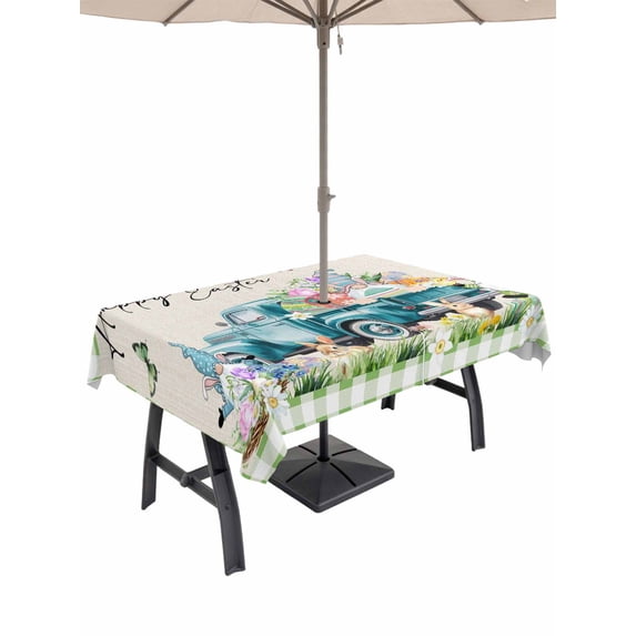 Outdoor Tablecloth with Umbrella Hole and Zipper, Easter Rectangle Table Cloth 52x70 Inch Waterproof Tablecloth, Green Plaid Blue Truck Eggs Bunny Rustic Picnic Table Cover for Patio Camping