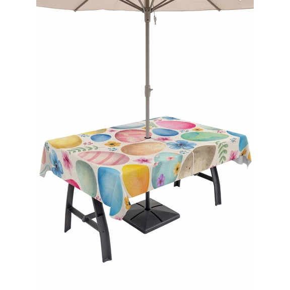 Outdoor Tablecloth with Umbrella Hole and Zipper, Easter Rectangle Table Cloth 52x70 Inch Waterproof Tablecloth, Spring Colorful Eggs Flower Leaf Plant Beige Picnic Table Cover for Patio Camping