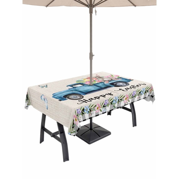 Outdoor Tablecloth with Umbrella Hole and Zipper, Easter Rectangle Table Cloth 52x70 Inch Waterproof Tablecloth, Spring Farmhouse Truck Rabbit Eggs Floral Plaid Picnic Table Cover for Patio Camping