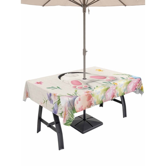 Outdoor Tablecloth with Umbrella Hole and Zipper, Easter Rectangle Table Cloth 54x80 Inch Waterproof Tablecloth, Country Spring Rabbit Feet Eggs Botanical Flowers Picnic Table Cover for Patio Camping