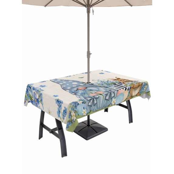 Outdoor Tablecloth with Umbrella Hole and Zipper, Easter Rectangle Table Cloth 54x80 Inch Waterproof Tablecloth, Farmhouse Retro Spring Rabbits Gnomes Blue Flowers Picnic Table Cover for Patio