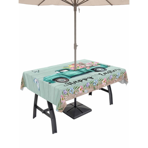 Outdoor Tablecloth with Umbrella Hole and Zipper, Easter Rectangle Table Cloth 54x80 Inch Waterproof Tablecloth, Green Truck Rabbit Duck Butterfly Floral Wooden Picnic Table Cover for Patio Camping