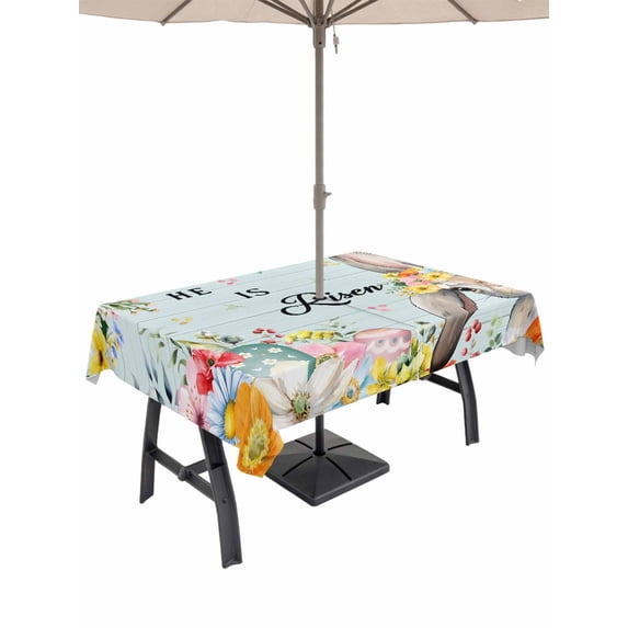Outdoor Tablecloth with Umbrella Hole and Zipper, Easter Rectangle Table Cloth 54x80 Inch Waterproof Tablecloth, Spring Farmhouse Bunny Flower Teal Wood Grain Picnic Table Cover for Patio Camping