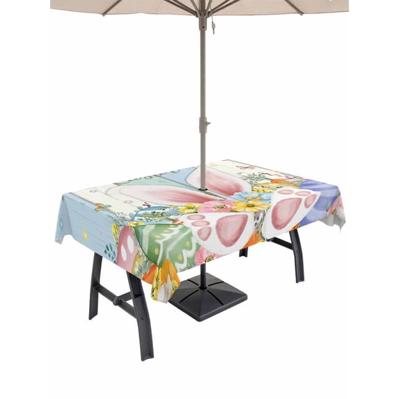 Outdoor Tablecloth with Umbrella Hole and Zipper, Easter Rectangle Table Cloth 54x80 Inch Waterproof Tablecloth, Spring Rabbit Ear Eggs Floral Butterfly Wooden Picnic Table Cover for Patio Camping