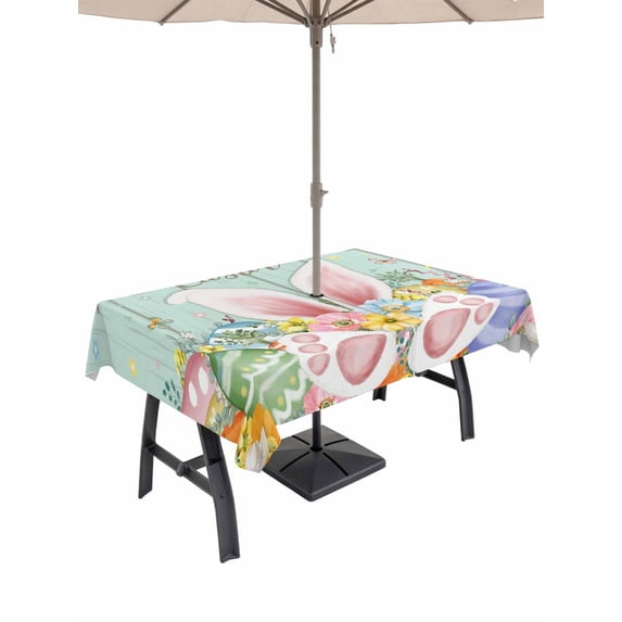 Outdoor Tablecloth with Umbrella Hole and Zipper, Easter Rectangle Table Cloth 54x80 Inch Waterproof Tablecloth, Spring Rabbit Ear Eggs Floral Green Wooden Grain Picnic Table Cover for Patio Camping
