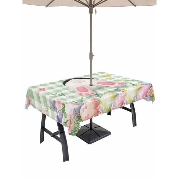 Outdoor Tablecloth with Umbrella Hole and Zipper, Easter Rectangle Table Cloth 54x80 Inch Waterproof Tablecloth, Spring Rabbit Feet Wildflowers Eggs Green Lattice Picnic Table Cover for Patio Camping