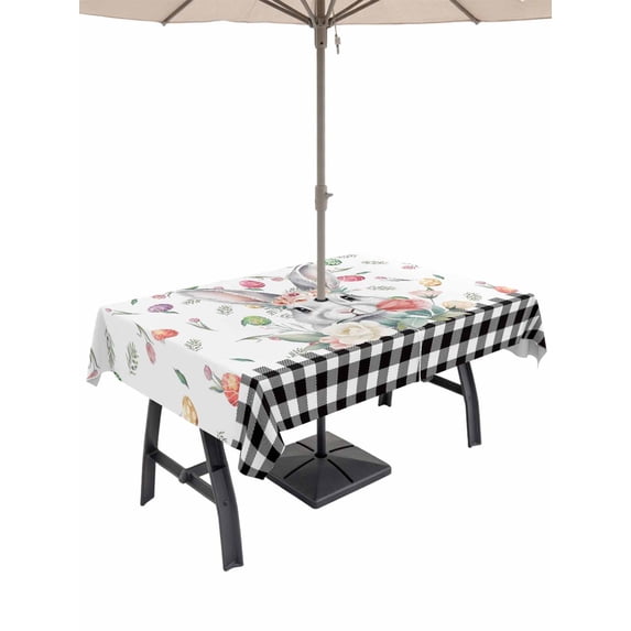 Outdoor Tablecloth with Umbrella Hole and Zipper, Easter Rectangle Table Cloth 54x80 Inch Waterproof Tablecloth, Spring Watercolor Bunny Eggs Flower Black Plaid Picnic Table Cover for Patio Camping