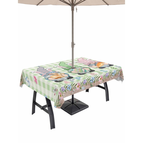Outdoor Tablecloth with Umbrella Hole and Zipper, Easter Rectangle Table Cloth 60x102 Inch Waterproof Tablecloth, Spring Pastoral Gnomes Bunny Eggs Green Lattice Picnic Table Cover for Patio Camping