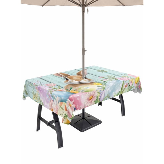 Outdoor Tablecloth with Umbrella Hole and Zipper, Easter Rectangle Table Cloth 60x102 Inch Waterproof Tablecloth, Spring Rabbit Eggs Flowers Leaf Green Wooden Plank Picnic Table Cover for Patio