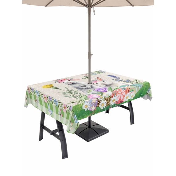 Outdoor Tablecloth with Umbrella Hole and Zipper, Easter Rectangle Table Cloth 60x102 Inch Waterproof Tablecloth, Spring Rustic Rabbit Botanical Flowers Eggs Plaid Picnic Table Cover for Patio