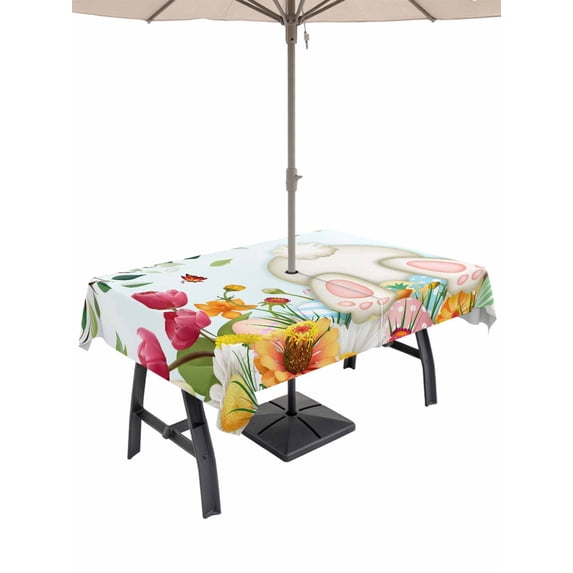 Outdoor Tablecloth with Umbrella Hole and Zipper, Easter Rectangle Table Cloth 60x102 Inch Waterproof Tablecloth, Spring Watercolor Eggs Country Tulip Flower Plant Picnic Table Cover for Patio
